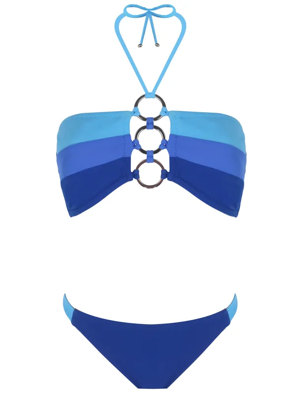 Bayan Mavi Boyundan Bağlamalı Halka Detaylı Bikini Takımı