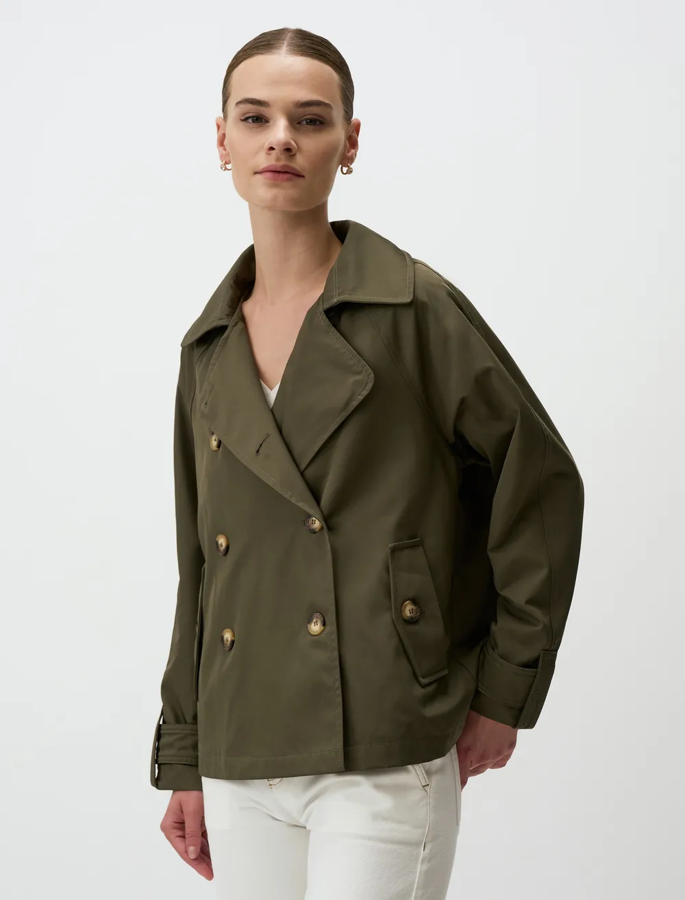 Haki Short Trench Coat with Jacket Collar