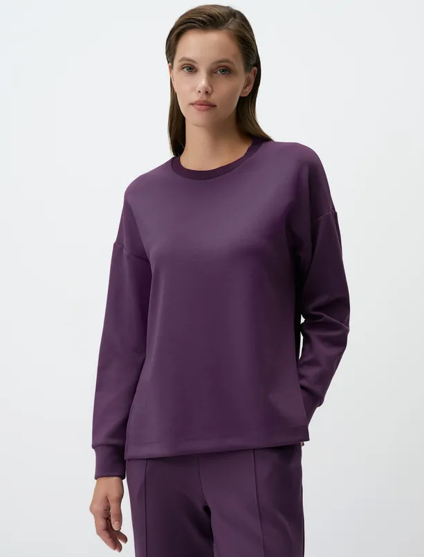 Women Purple Crew Neck Long Sleeve Oversized Sweatshirt