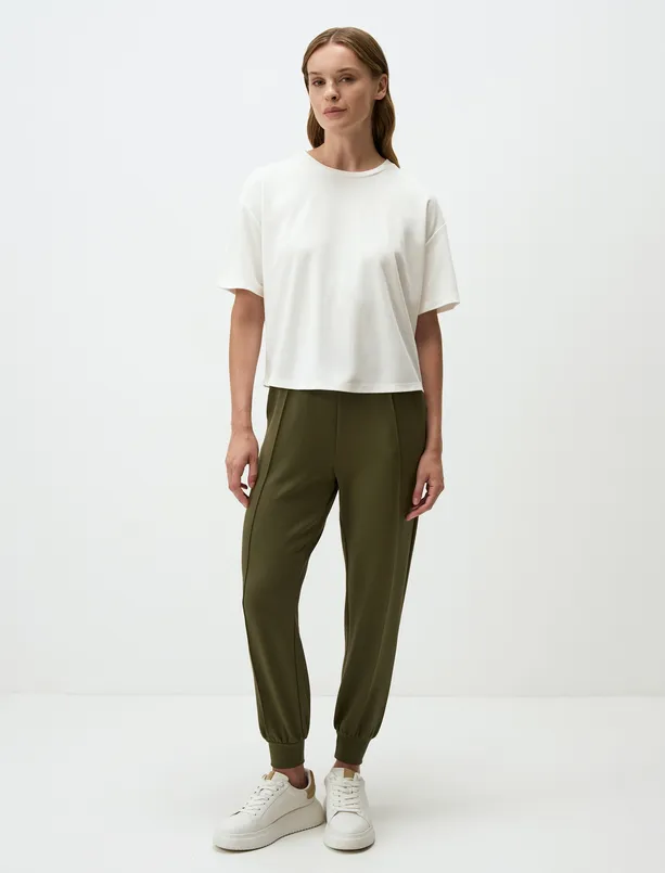 Women Ecru Loose Fit Short Sleeve Crew-Neck Knitted T-Shirt