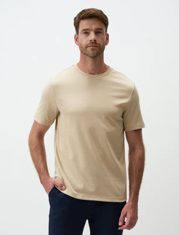 Women Beige Crew Neck Short Sleeve Mens Basic T-Shirt