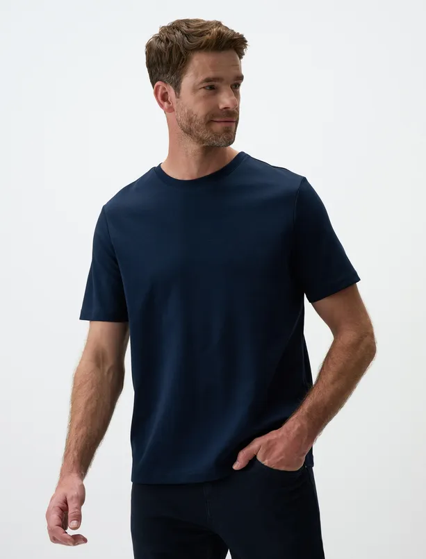 Women Dark Blue Crew Neck Short Sleeve Mens Basic T-Shirt