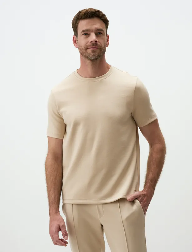 Women Beige Crew Neck Short Sleeve Mens Basic T-Shirt