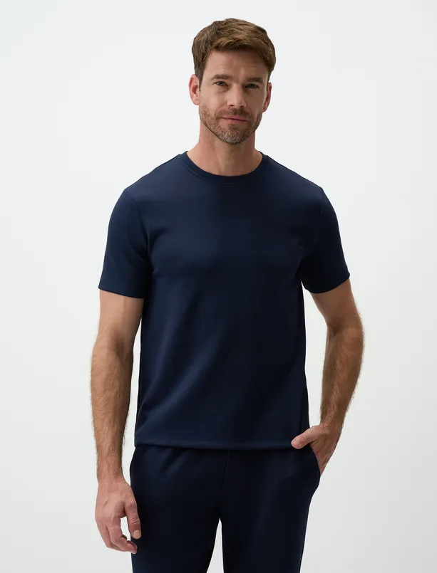 Women Dark Blue Crew Neck Short Sleeve Mens Basic T-Shirt