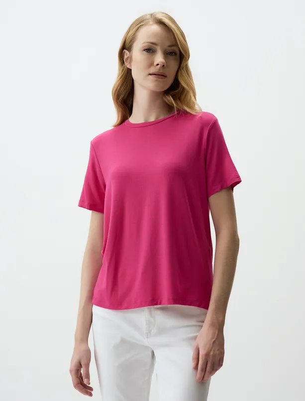Women Pink Crew Neck Short Sleeve Basic Knitted T-Shirt