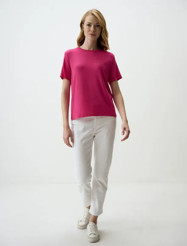 Women Pink Crew Neck Short Sleeve Basic Knitted T-Shirt