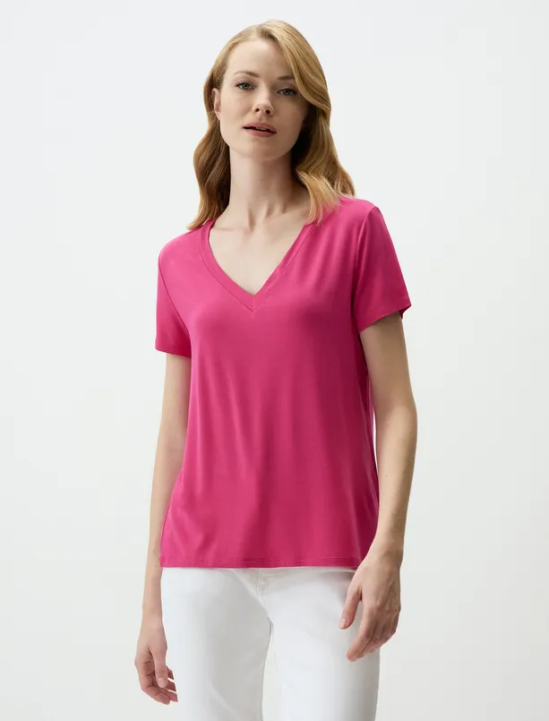 Women Pink V-Neck Short Sleeve Basic T-Shirt