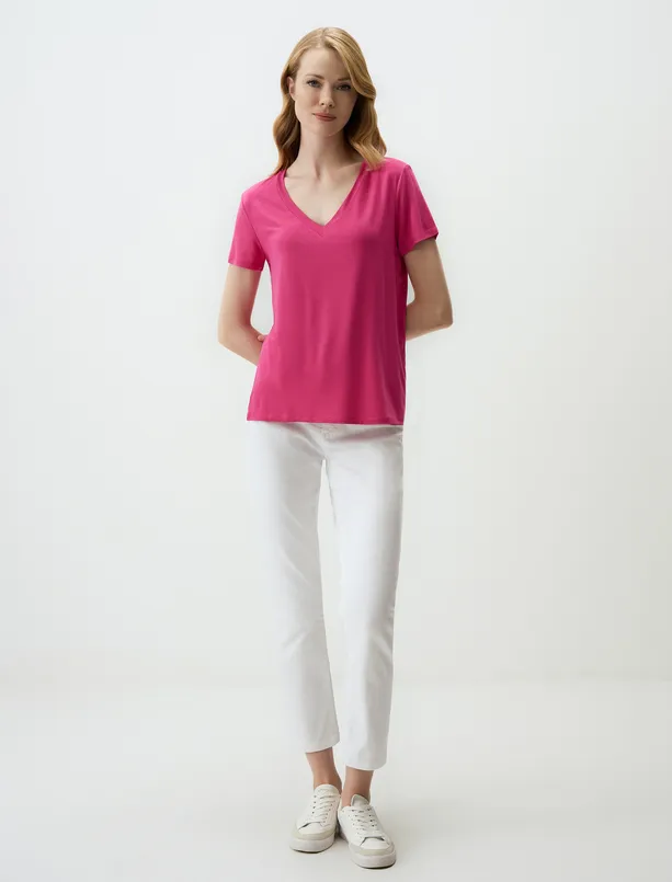 Women Pink V-Neck Short Sleeve Basic T-Shirt