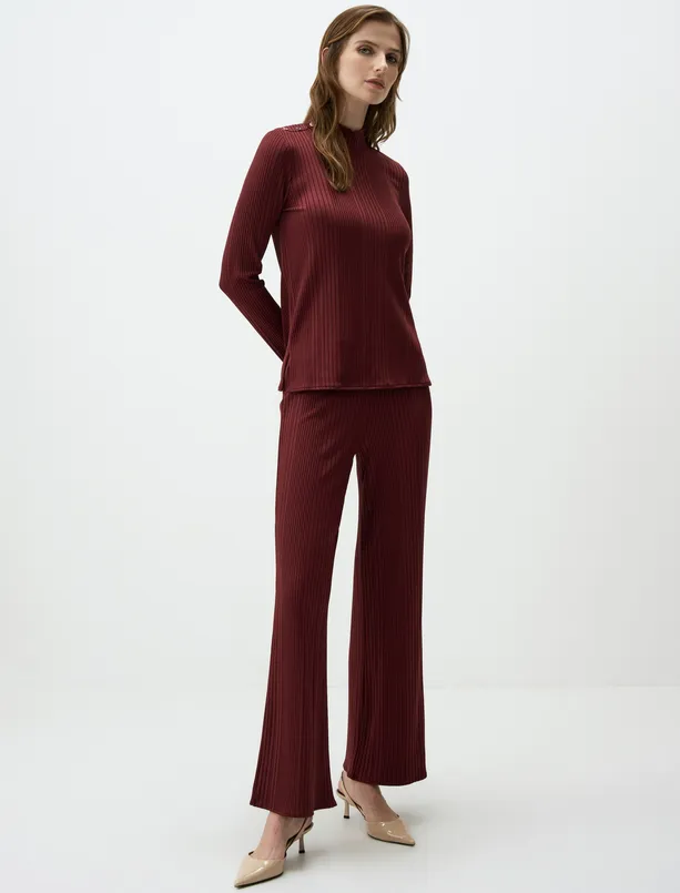 Women Claret Red Turtleneck Long Sleeve Knitted Blouse