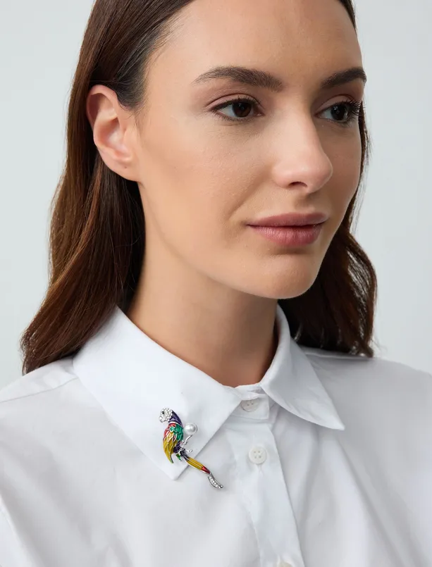 Women Yellow Bird Figured Pearl Detailed Brooch