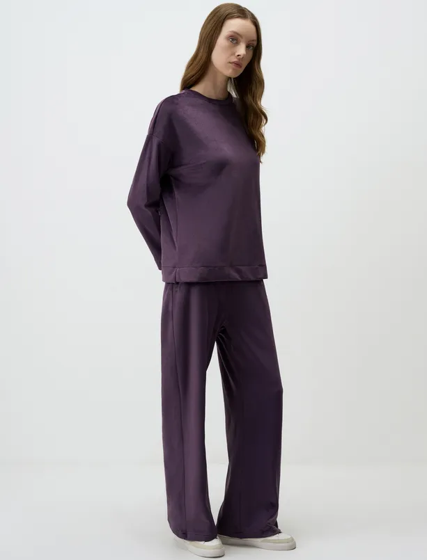 Women Purple High Waist Relaxed Fit Wide Leg Knitted Fleece Pants