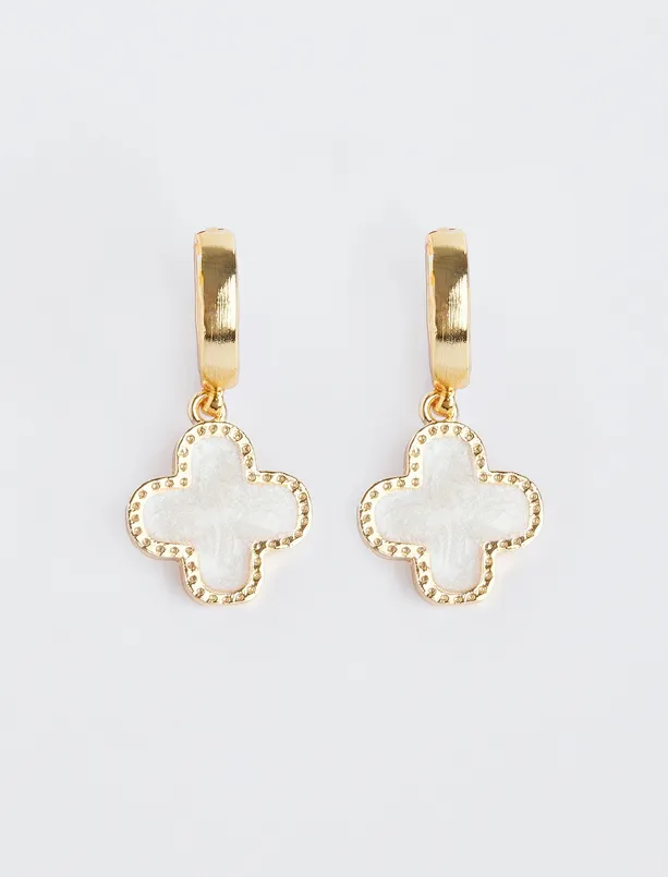 Women White Clover Figured Steel Earrings