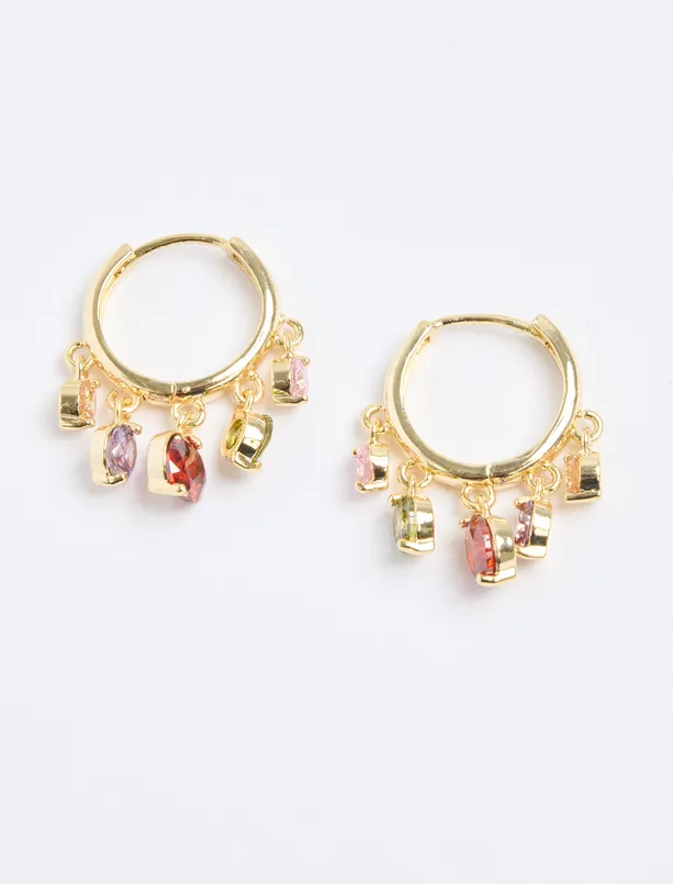 Women Yellow Colorful Stone Detailed Hoop Earrings