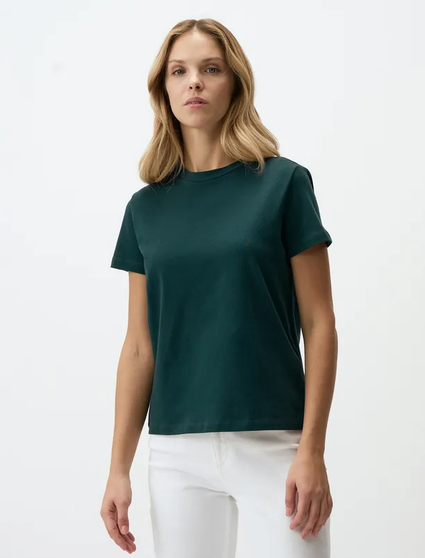 Women Green Crew Neck Basic Cotton T-Shirt
