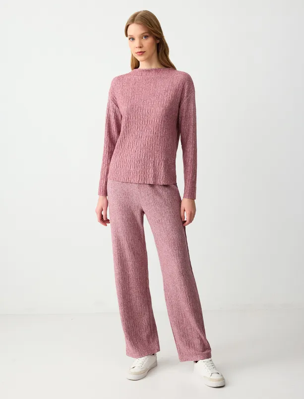 Women Claret Red High Waist Relaxed Fit Patterned Knitted Pants