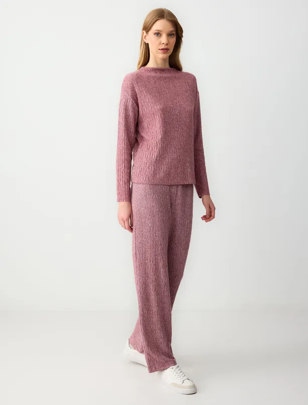 Women Claret Red High Waist Relaxed Fit Patterned Knitted Pants