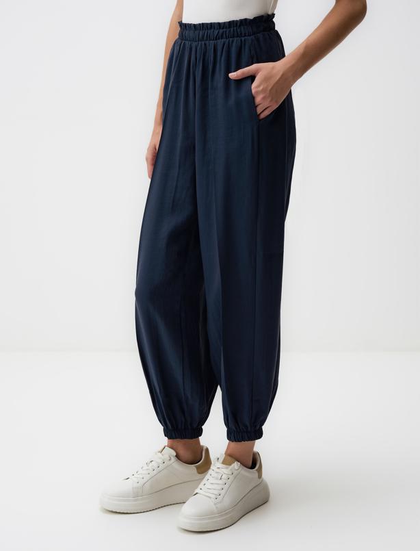Lacivert Beli Lastikli Dar Paça Cepli Pantolon_3