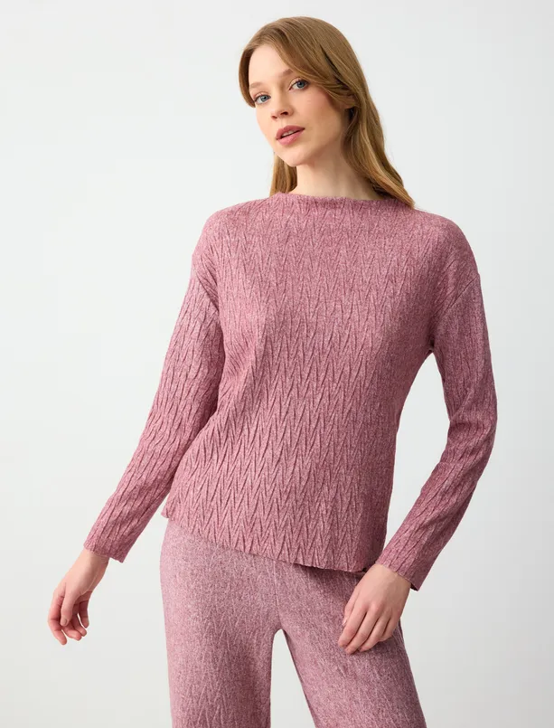 Women Claret Red Long Sleeve Boat Neck Knitted Sweatshirt