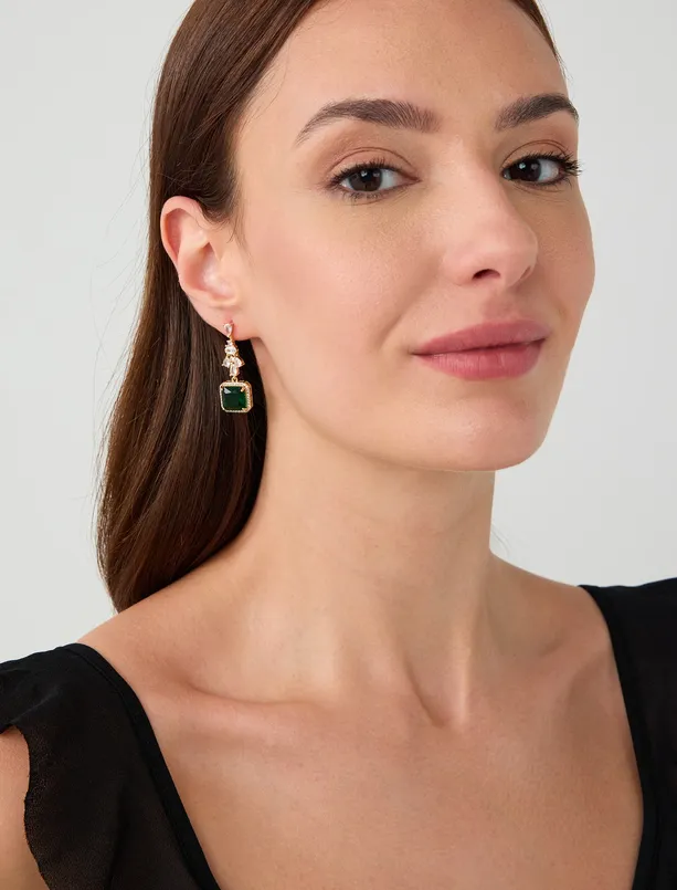 Women Green Square Patterned Shiny Stone Dangling Earrings