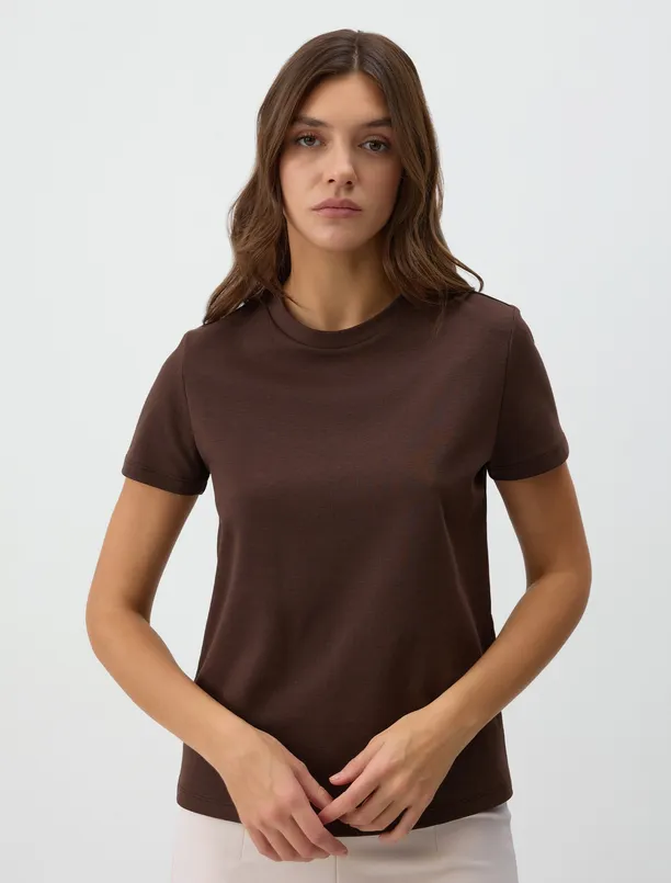 Women Brown Basic Crew Neck Short Sleeve T-Shirt