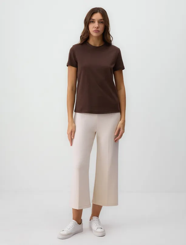Women Brown Basic Crew Neck Short Sleeve T-Shirt