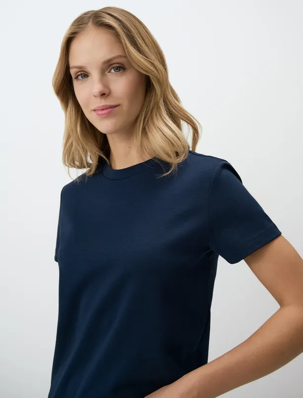 Women Dark Blue Basic Crew Neck Short Sleeve T-Shirt