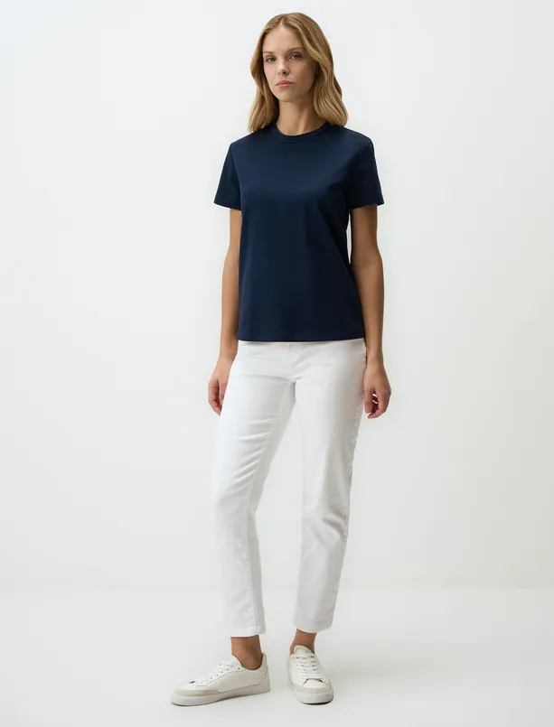 Women Dark Blue Basic Crew Neck Short Sleeve T-Shirt