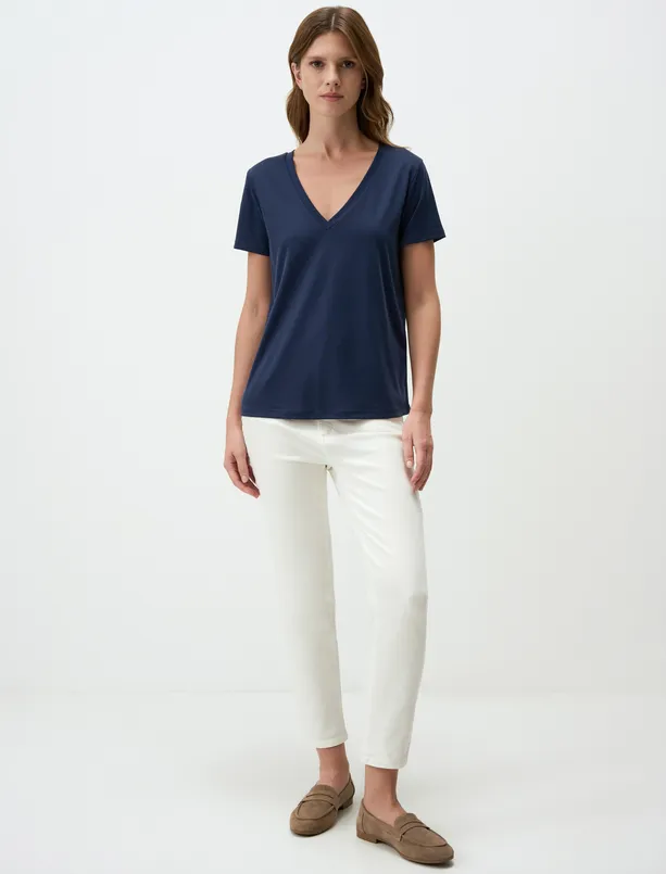 Women Dark Blue V-Neck Short Sleeve Basic T-Shirt