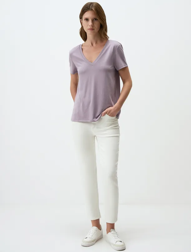 Women Purple V-Neck Short Sleeve Basic T-Shirt