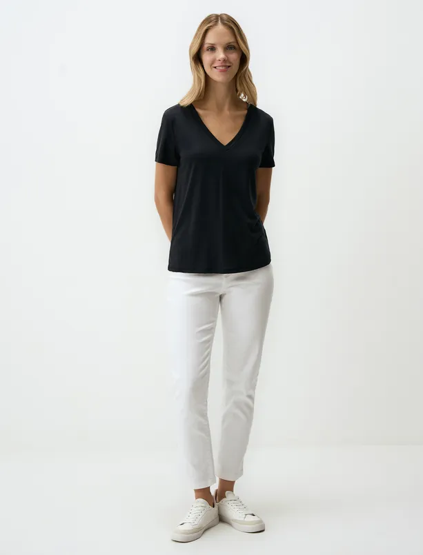Women Black V-Neck Short Sleeve Basic T-Shirt