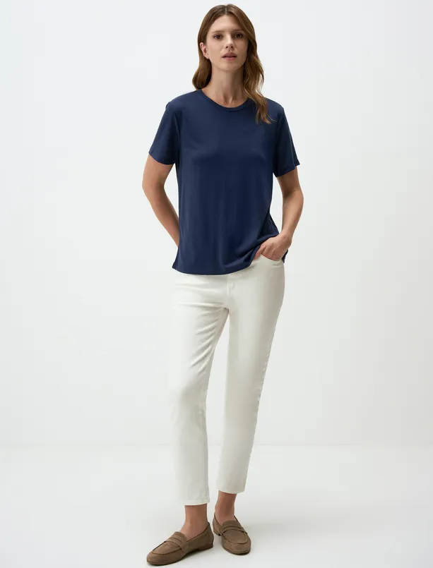 Women Dark Blue Crew Neck Short Sleeve Basic T-Shirt