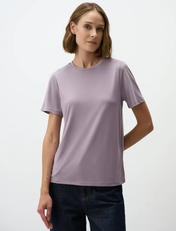 Women Purple Crew Neck Short Sleeve Basic T-Shirt