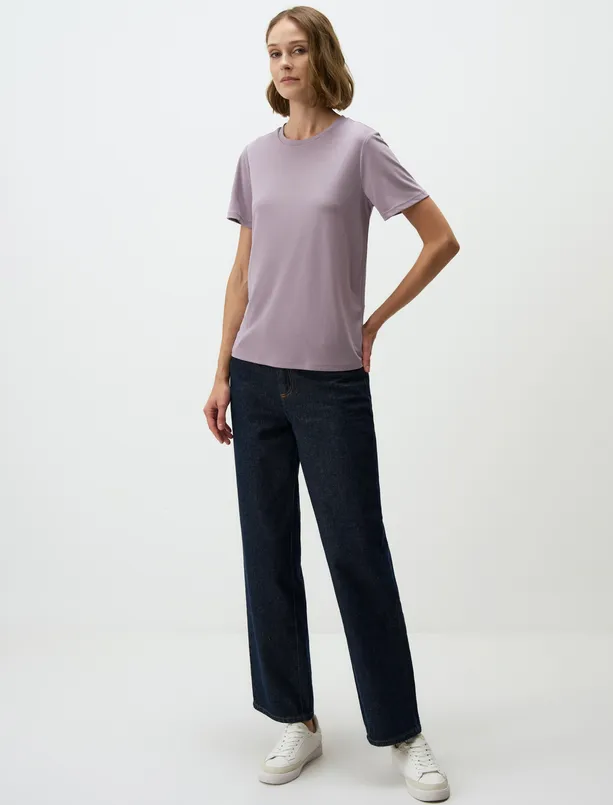 Women Purple Crew Neck Short Sleeve Basic T-Shirt