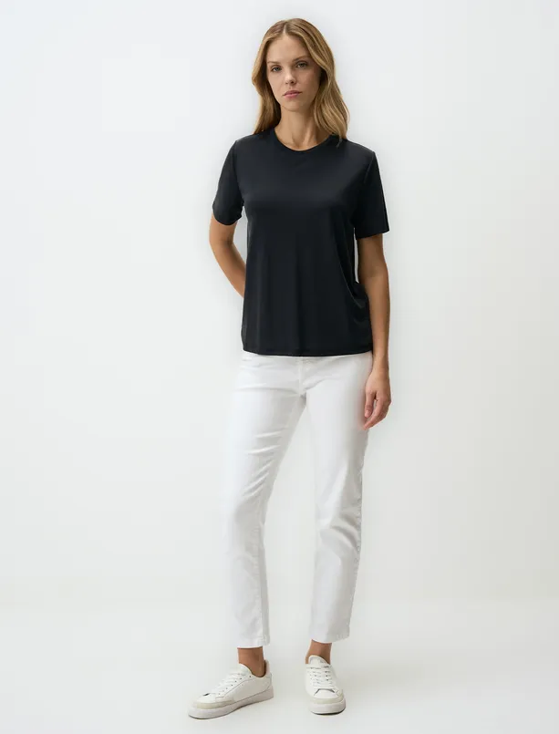 Women Black Crew Neck Short Sleeve Basic T-Shirt