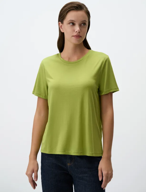Women Green Crew Neck Short Sleeve Basic T-Shirt