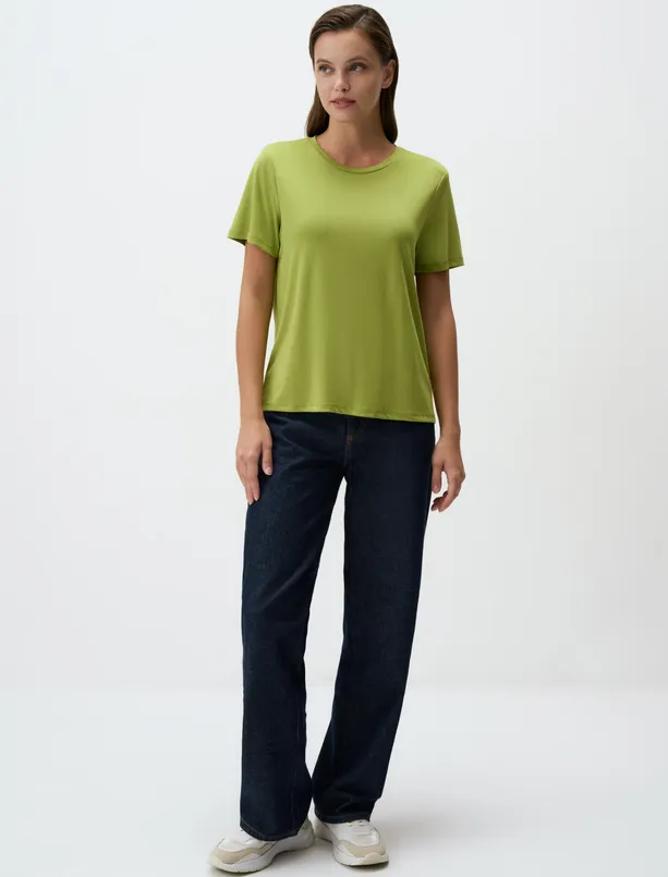 Women Green Crew Neck Short Sleeve Basic T-Shirt