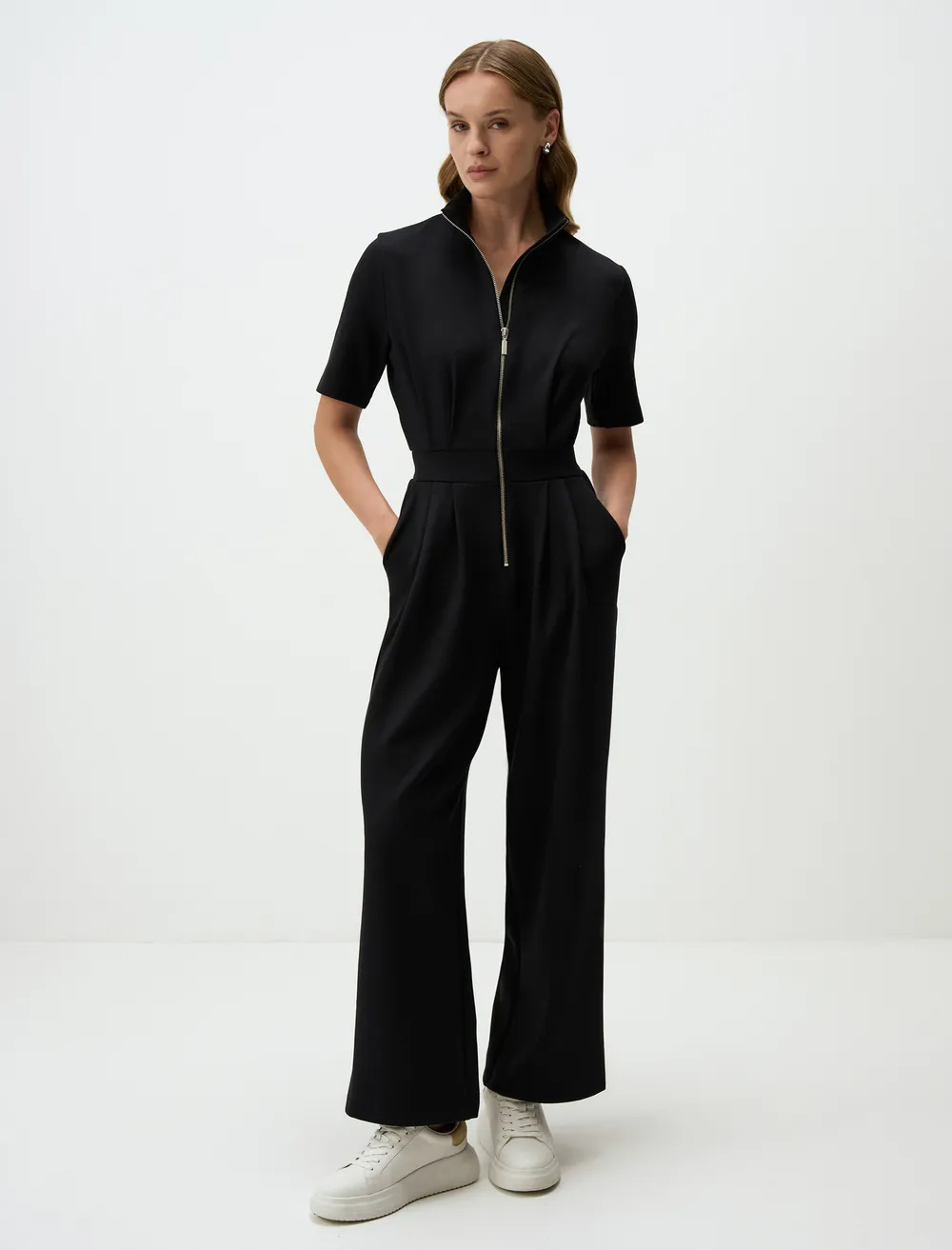 Half Turtleneck Zippered Short Sleeve Jumpsuit