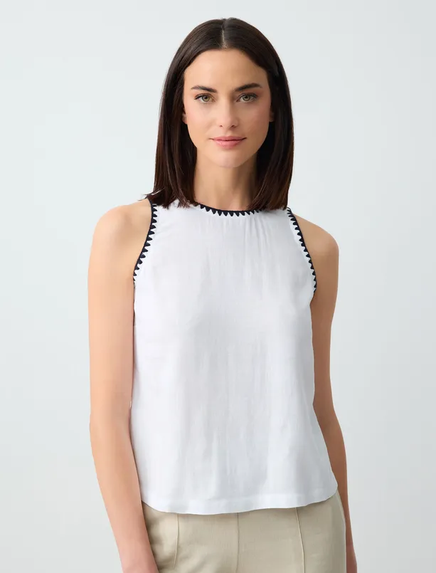 Women White Crew Neck Sleeveless Embroidered Linen Blouse