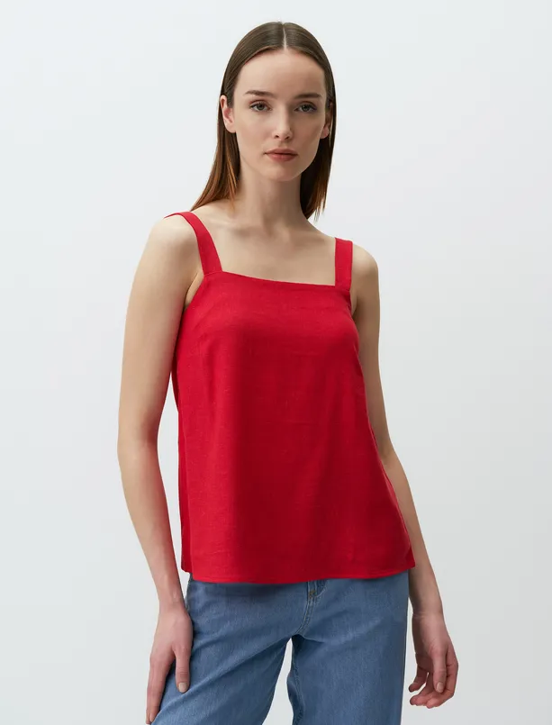 Bayan Kırmızı Askılı Kare Yaka Keten Basic Bluz