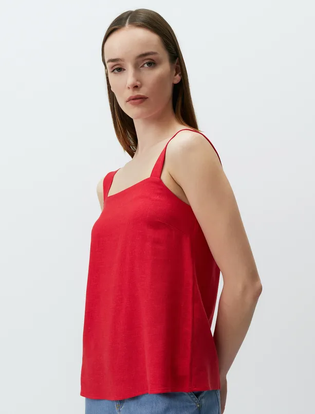 Bayan Kırmızı Askılı Kare Yaka Keten Basic Bluz