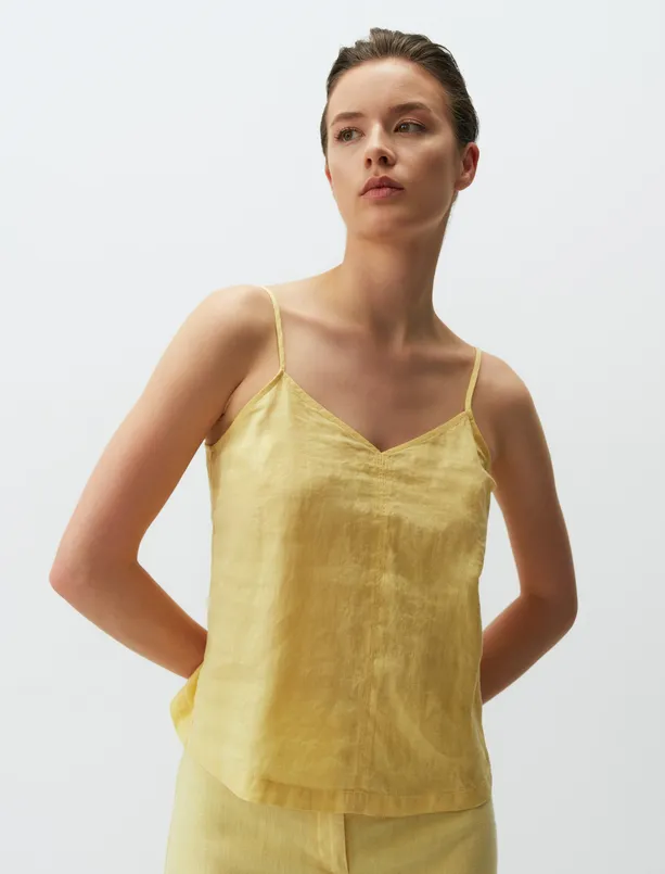 Bayan Sarı Askılı V Yaka Basic Keten Bluz