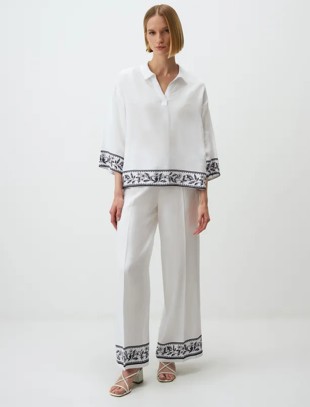 Bayan Beyaz Truvakar Kol V Yaka Desenli Keten Bluz
