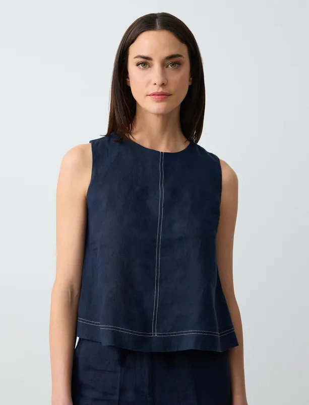 Women Dark Blue Sleeveless Round Neck Linen Blouse