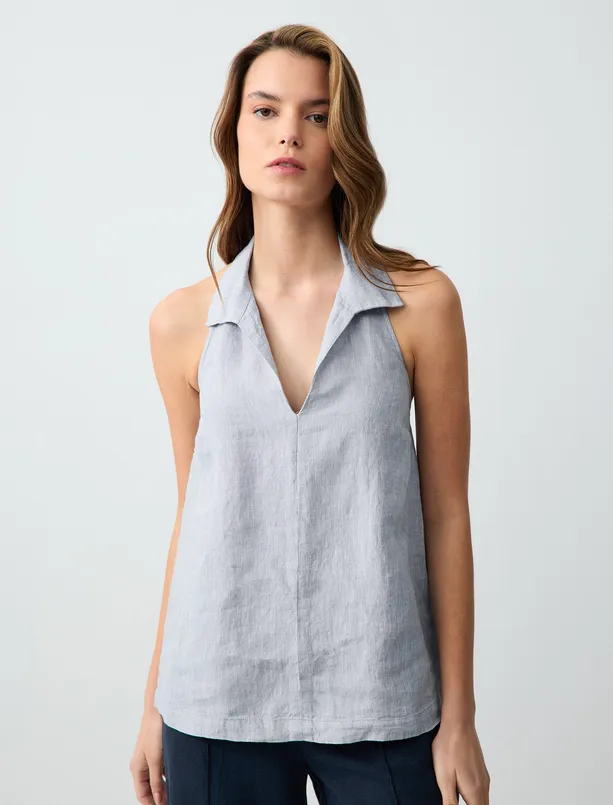 Women Blue Linen Blouse Tied at the Neck