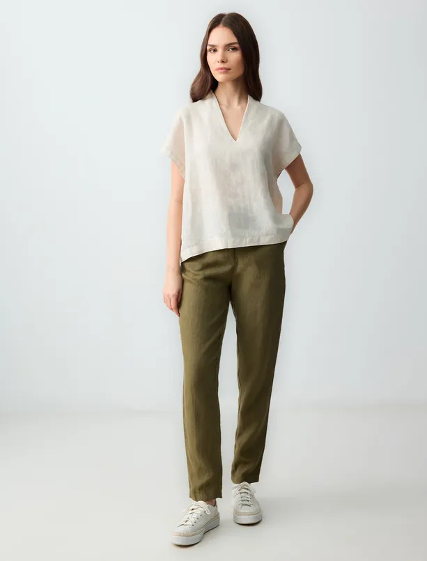 Women Haki High Waist Regular Leg Linen Pants