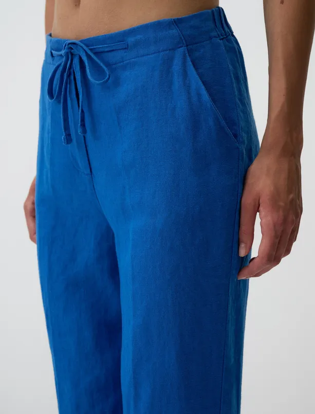 Bayan Mavi Yüksek Bel Normal Paça Keten Pantolon