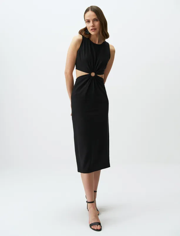 Bayan Siyah Bel Detaylı Kolsuz Keten Midi Elbise