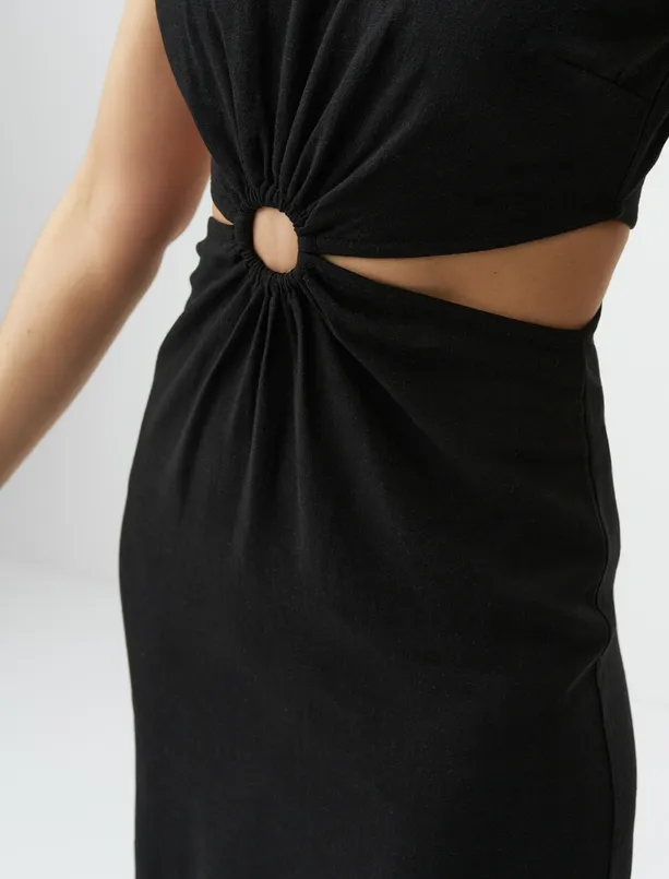 Bayan Siyah Bel Detaylı Kolsuz Keten Midi Elbise