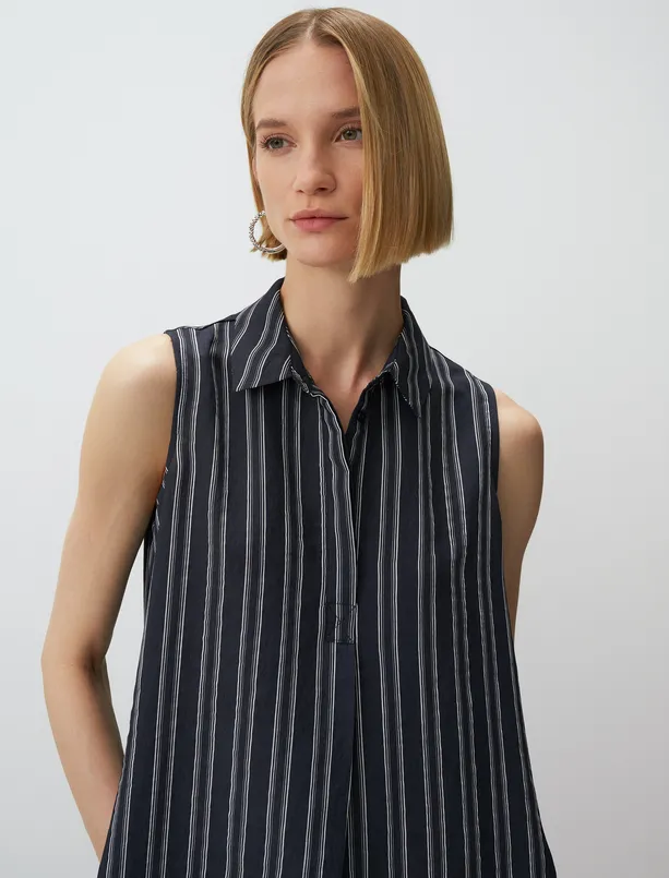 Bayan Lacivert Gömlek Yaka Kolsuz Çizgili Midi Elbise
