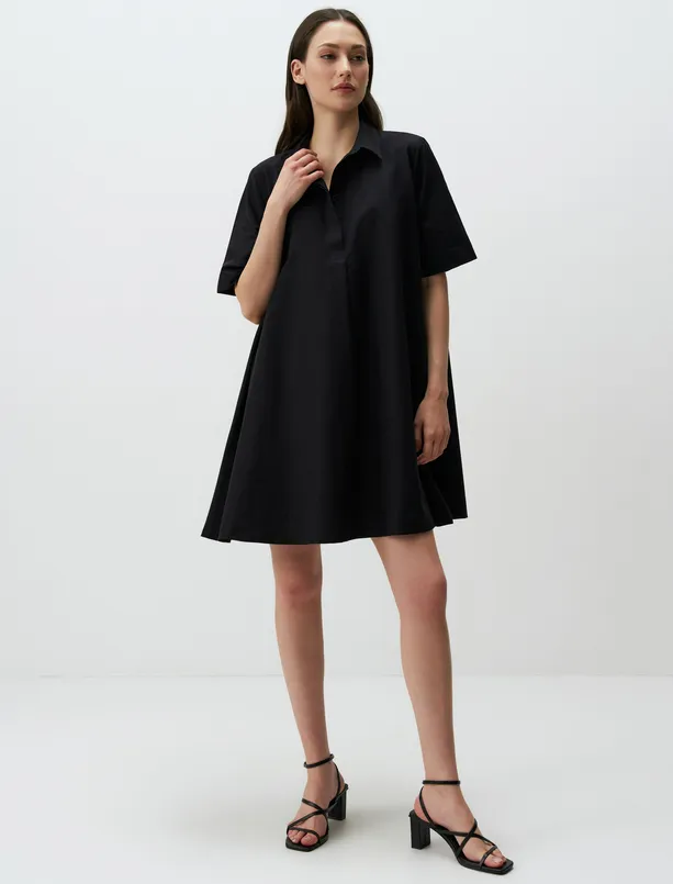 Bayan Siyah Gömlek Yaka Kısa Kollu Basic Elbise